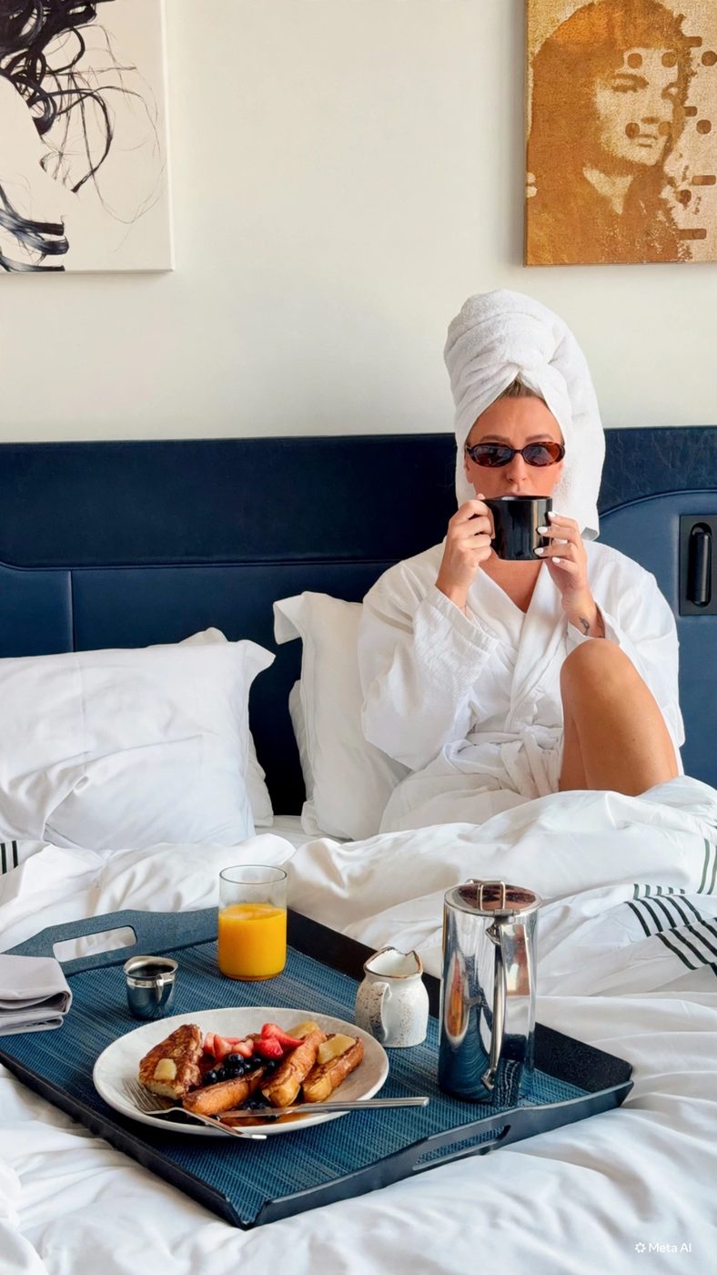 Breakfast in bed at Thompson Seattle with coffee and French toast
