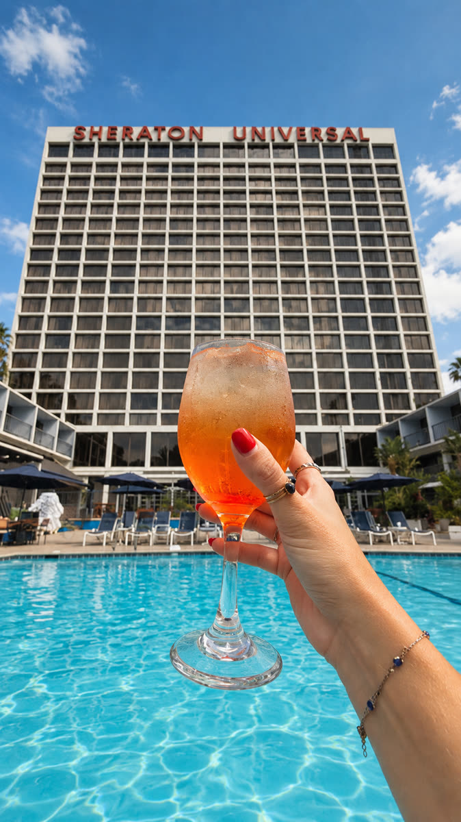 Hotel tower above a spritz by the pool
