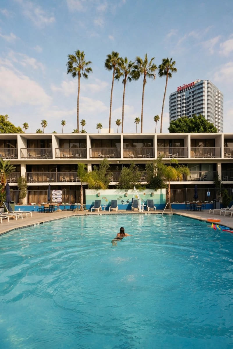 Retro hotel pool framed by palm trees