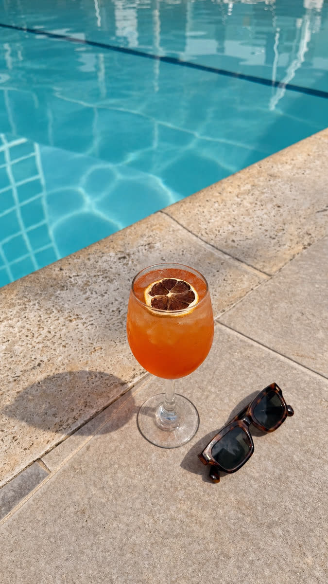 Orange spritz and sunglasses at the pool edge