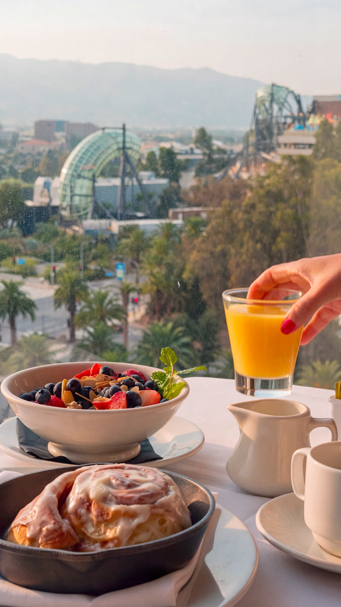 Breakfast spread with a theme park view