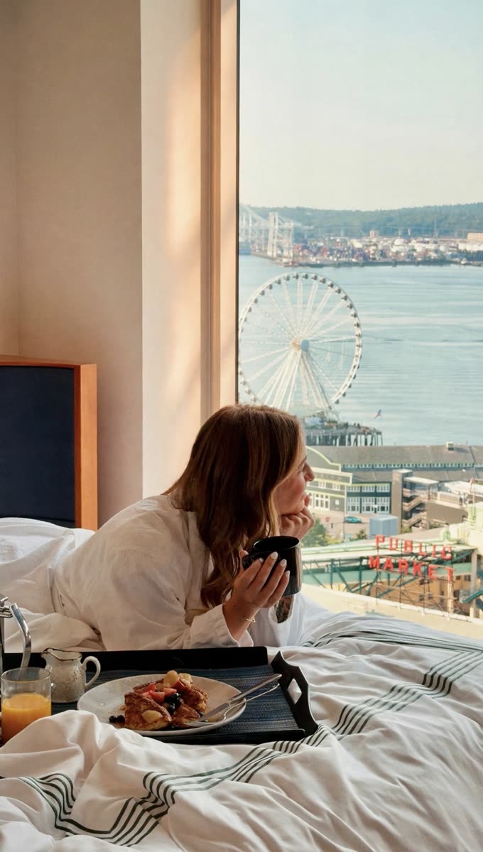 Breakfast in bed with a city view
