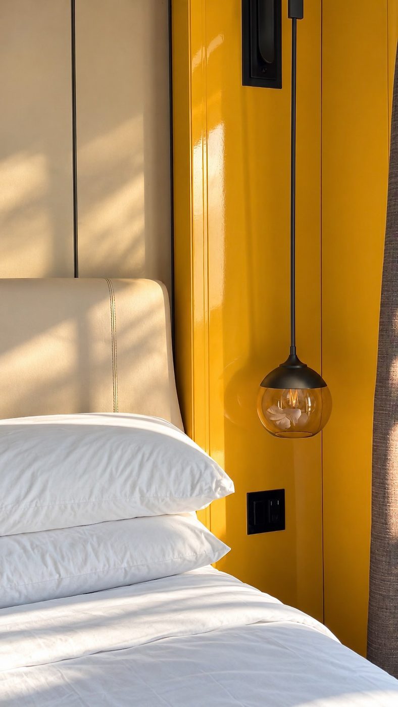 Sunlit yellow bedside wall with a pendant lamp at Sheraton Universal